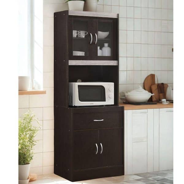 Freestanding Chocolate 22.7 in. Wide Kitchen Display Cabinet China Hutch w/ Storage, Microwave Shelf and Utensil Drawer