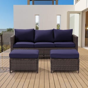 3-Piece Brown Rattan Patio Sofa Set Outdoor Furniture Set 3-Seat Sofa Ottomans With Cushions, Navy Blue