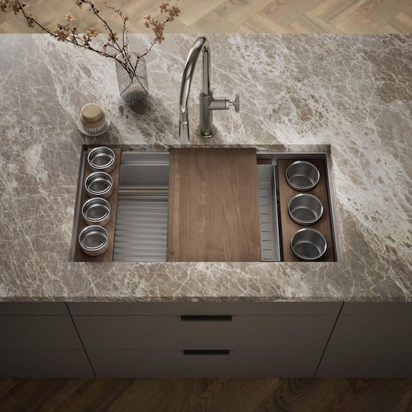 Synthos 33.75 in Undermount Single Bowl Stainless Steel Workstation Kitchen Sink with Walnut Accessory Bundle