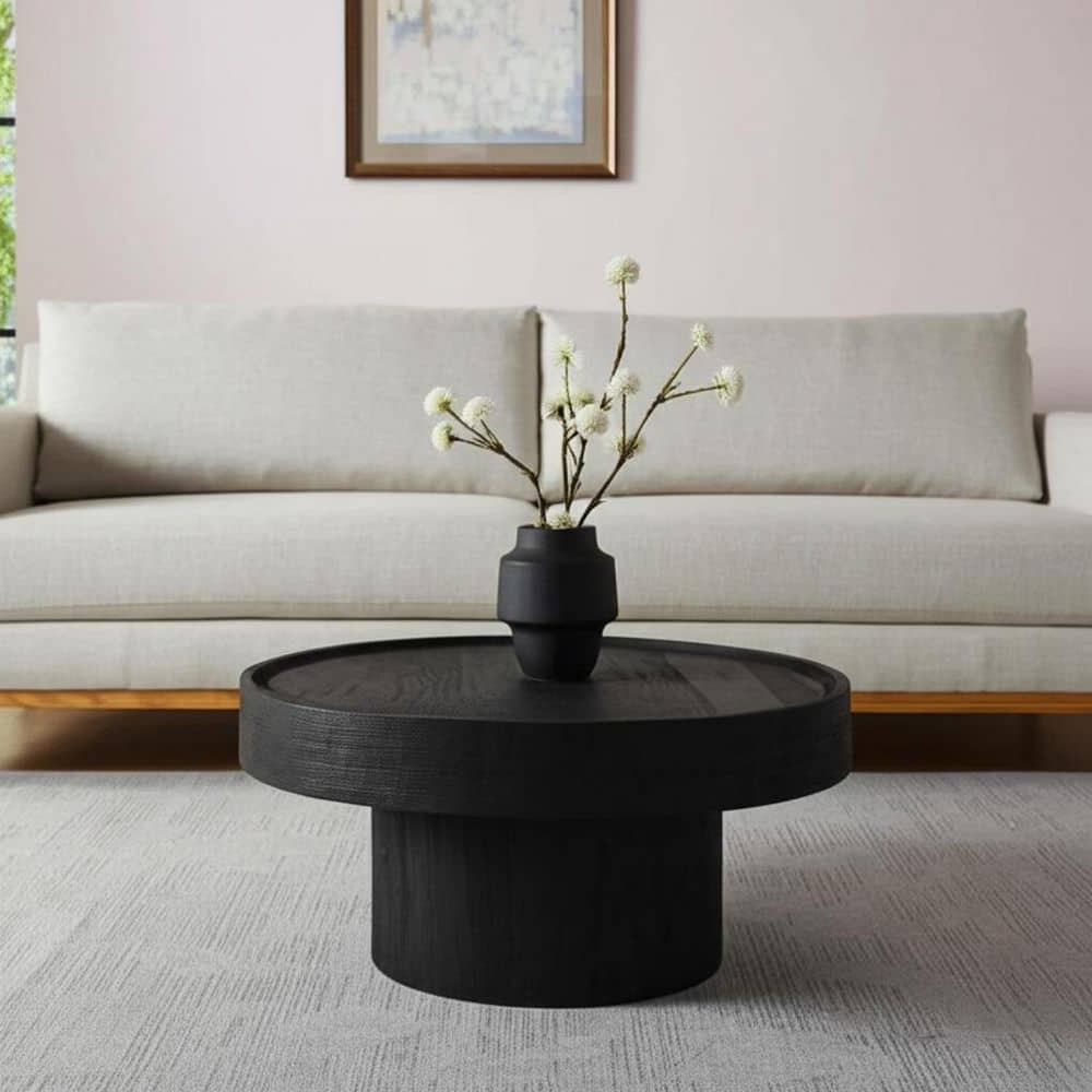 28.00 in. Black Round Solid Wood Coffee Table