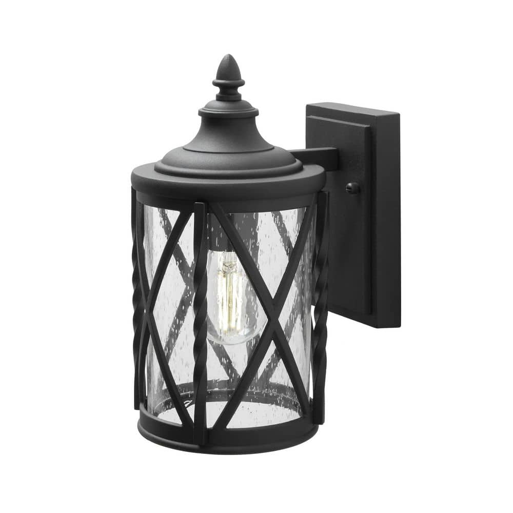 Home Decorators Collection Walcott Manor 8 in. 1-Light Black Hardwired Outdoor Transitional Wall Lantern Sconce with Clear Seeded Glass