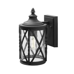 Walcott Manor 11.5 in. 1-Light Black Hardwired Transitional Outdoor Wall Light Sconce Lantern with Clear Seeded Glass