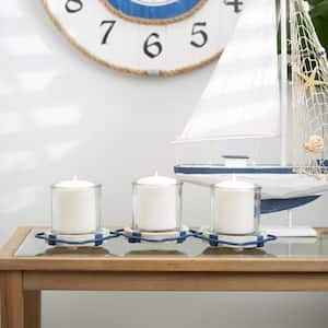 Blue Metal Buoy Distressed 3 Linked Candle Holder with White Wood Accents