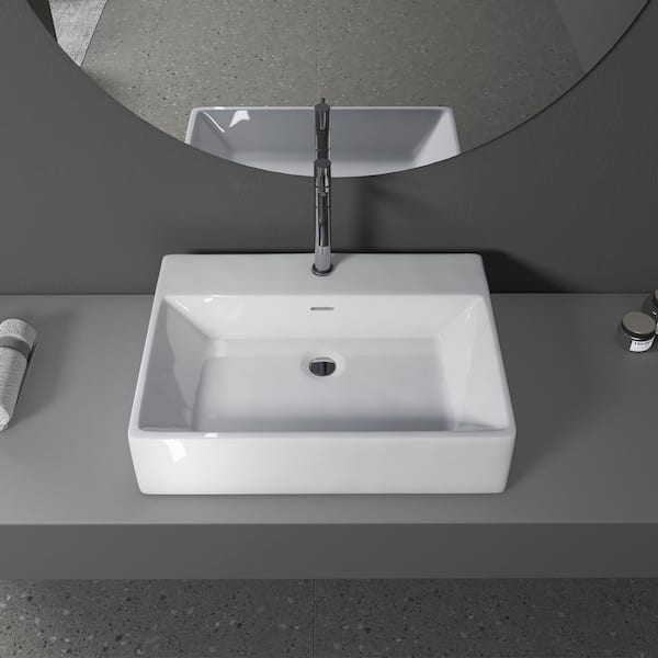24 in. Rectangle White Ceramic Vessel Bathroom Vanity Sink with Overflow