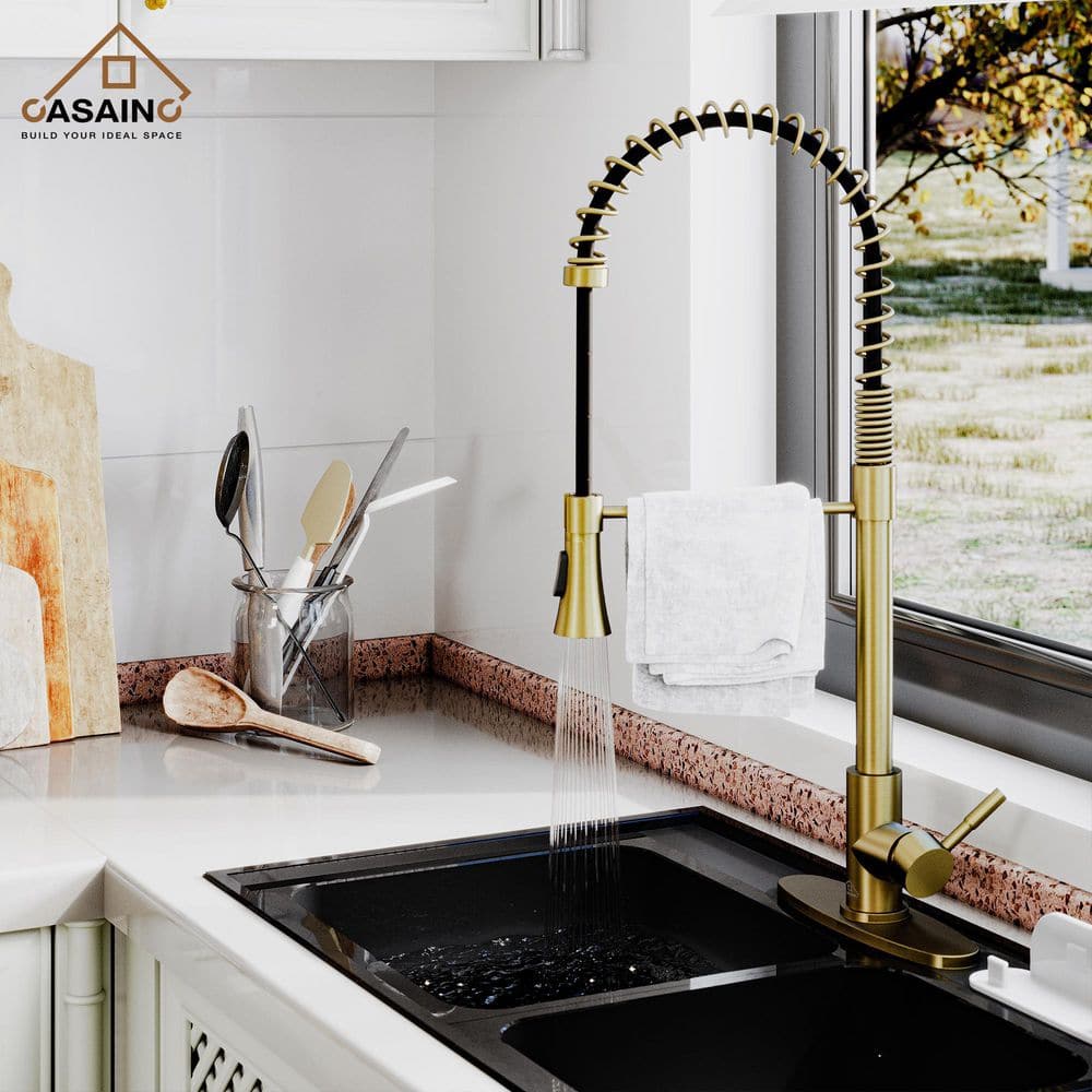 Brushed Gold Stainless Steel Pull-Down Kitchen Faucet with Spray Head