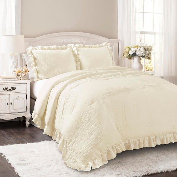 Reyna 3 Pieces Ivory Ruffle Microfiber Full/Queen Comforter Set