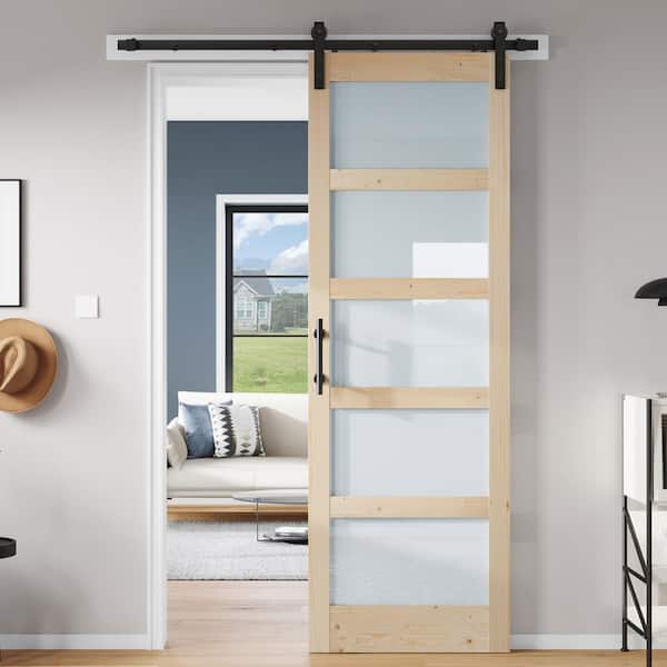 30 in. x 96 in. 5 Lite Frosted Glass Spruce Finished Solid Core Wood Sliding Barn Door with Hardware Kit