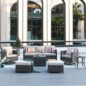 New Vultros Gray 7-Piece Wicker Outdoor Patio Conversation Set with Beige Cushions and Swivel Rocking Chairs