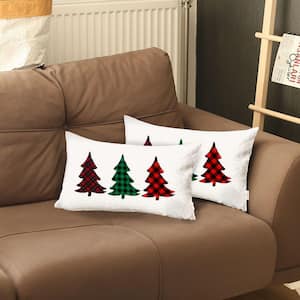 Decorative Christmas Tree Throw Pillow Cover Lumbar 12 in. x 20 in. White and Red for Couch, Bedding (Set of 2)