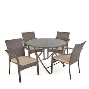 Lula 29 in. Multi-Brown 5-Piece Metal Round Outdoor Dining Set with Textured Beige Cushions