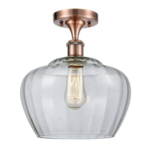 Fenton 11 in. 1-Light Antique Copper Industrial Semi-Flush Mount with Clear Glass Shade