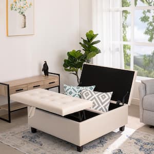 35-Inch Tufted Upholstered Lift-Top Ottoman Bench, Large Square Storage Coffee Table, Footrest Stool, Cream