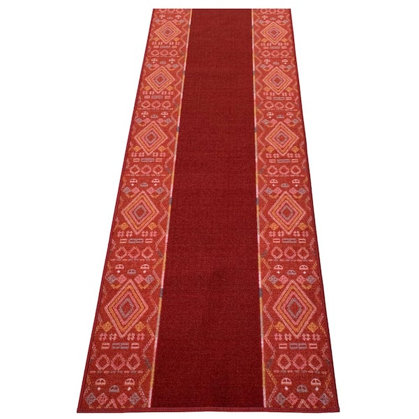 Southwestern Bordered Burnt Orange Color 26 in. Width x Your Choice Length Custom Size Roll Runner Rug/Stair Runner