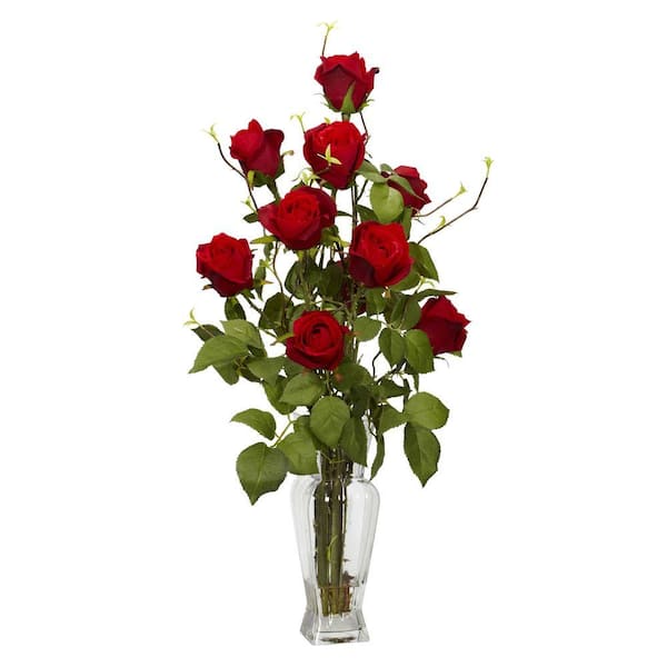 Nearly Natural 28 in. Artificial H Red Rosebud Silk Flower Arrangement