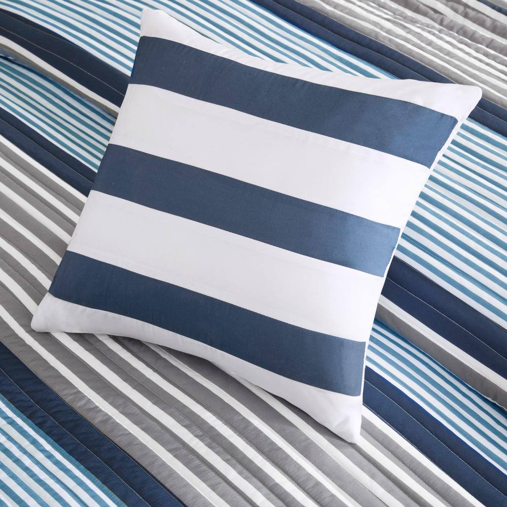 Reversible Gray Microfiber Quilt Set, Twin - Modern Striped Design
