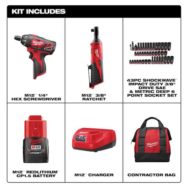 M12 12V Lithium-Ion Cordless 3/8 in. Ratchet/Screwdriver Kit with 3/8 in. Drive SAE/Metric Impact Socket Set (43-Piece)