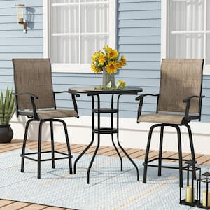 2-Pieces Swivel Metal Frame Outdoor Bar Stools Height Patio Garden Chairs All-Weather Patio Furniture Brown