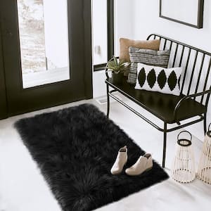 Sheepskin Faux Furry Black Cozy Rugs 3 ft. x 4 ft. Area Rug