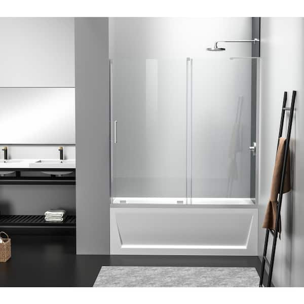 Unbranded Simply Living 60 in. W x 60 in. H Frameless Sliding Tub Door in Brushed Nickel with Clear Glass