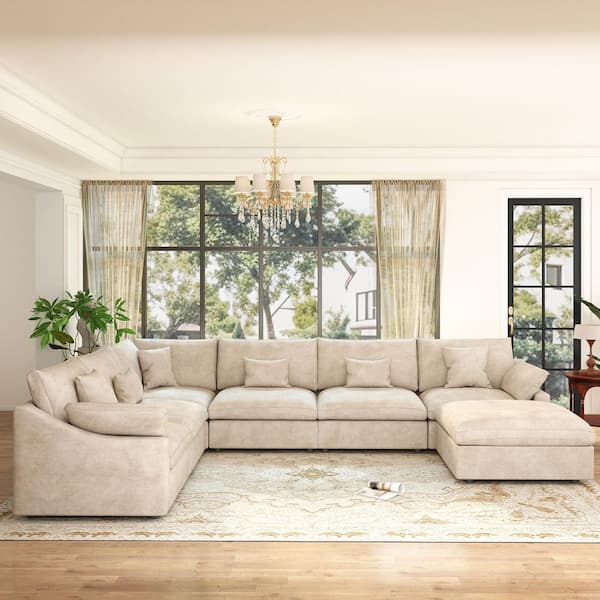 155.9 in. Square Arm 7-Piece Linen Down Modular Free Combination Sectional Sofa with Ottoman, Removable Covers in Brown