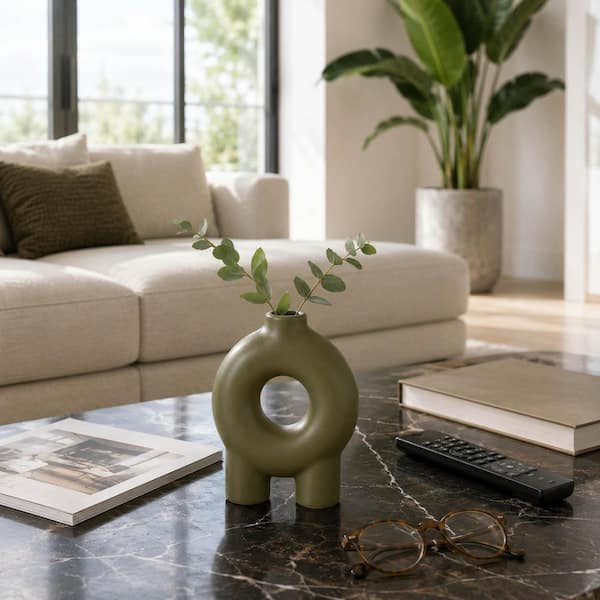 Liv & Skye 7 in. Green Ceramic Donut Shape Footed Decorative Vase 17419-03