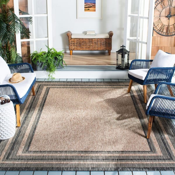 Courtyard Natural/Black 8 ft. x 8 ft. Solid Color Striped Indoor/Outdoor Square Area Rug