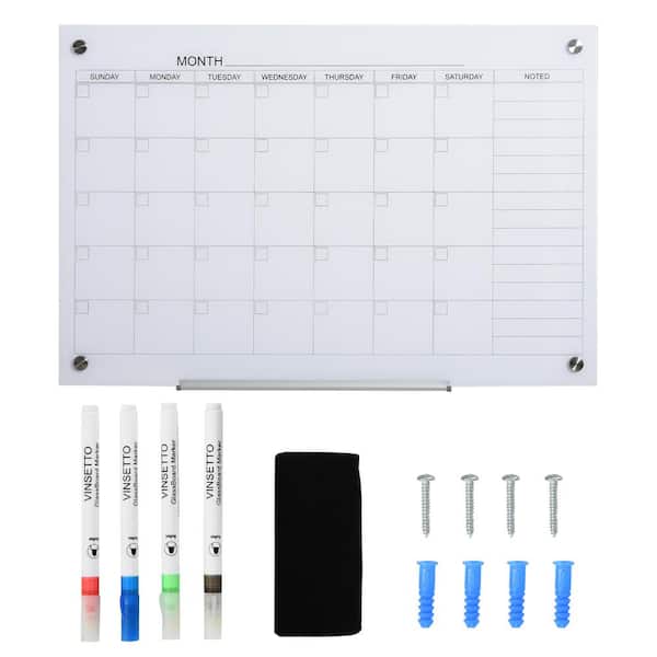 Vinsetto 35x23 Dry Erase Wall Calendar Glass Whiteboard Monthly Planner for Homeschool Supplies & Home Office Organization with 4 Markers and 1