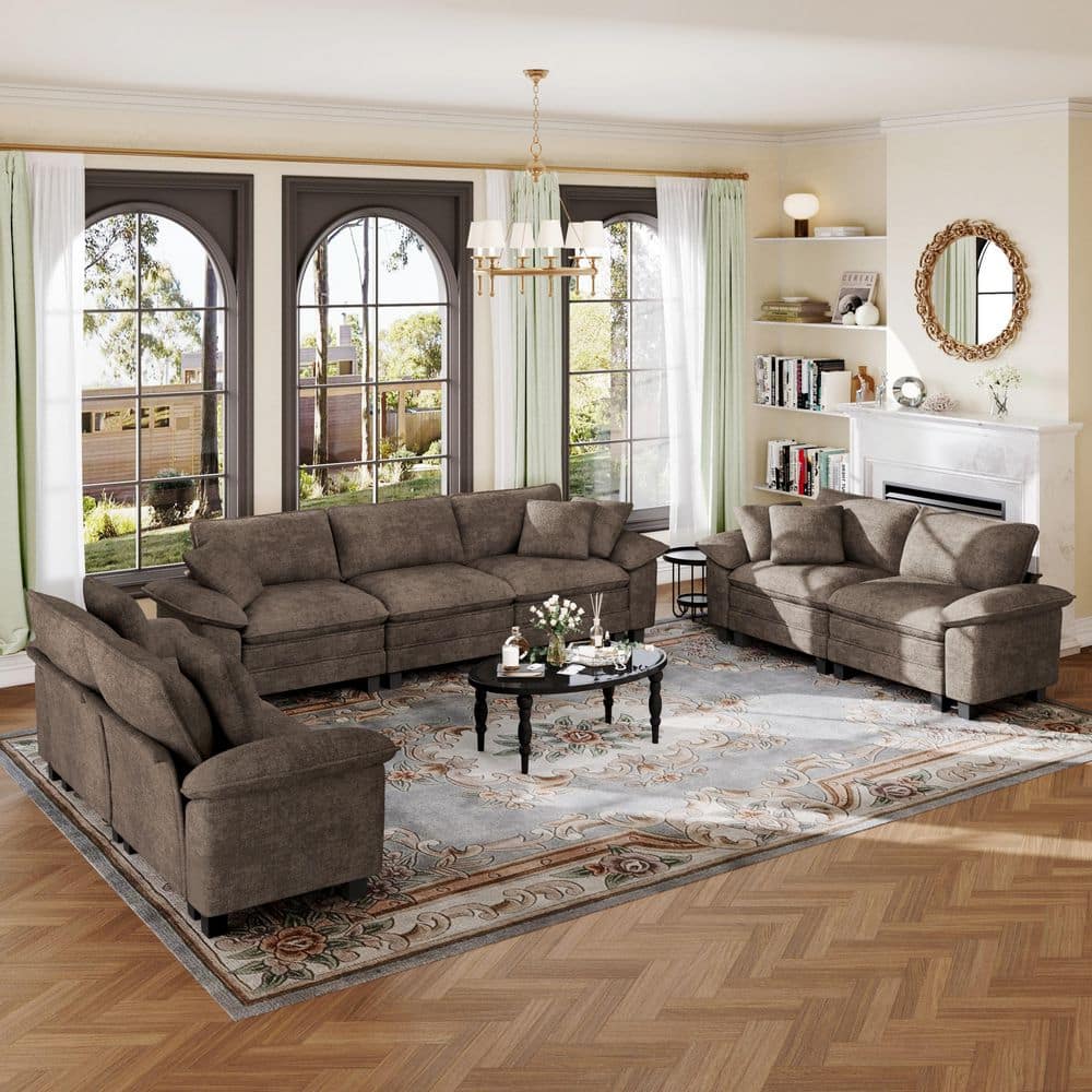 123.6 in. Flared Arm 7-Seat Chenille Modular Sectional Sofa in. Taupe with Throw Pillows for Living Room