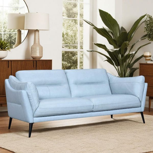 Franz 87 in. Slope Arm Leather Rectangle Sofa in. Sky Blue