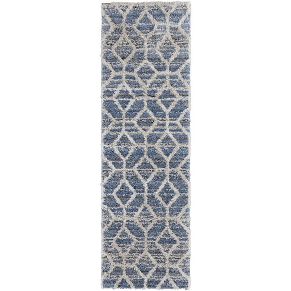 HomeRoots 2 X 8 Blue, Ivory Geometric Runner Rug
