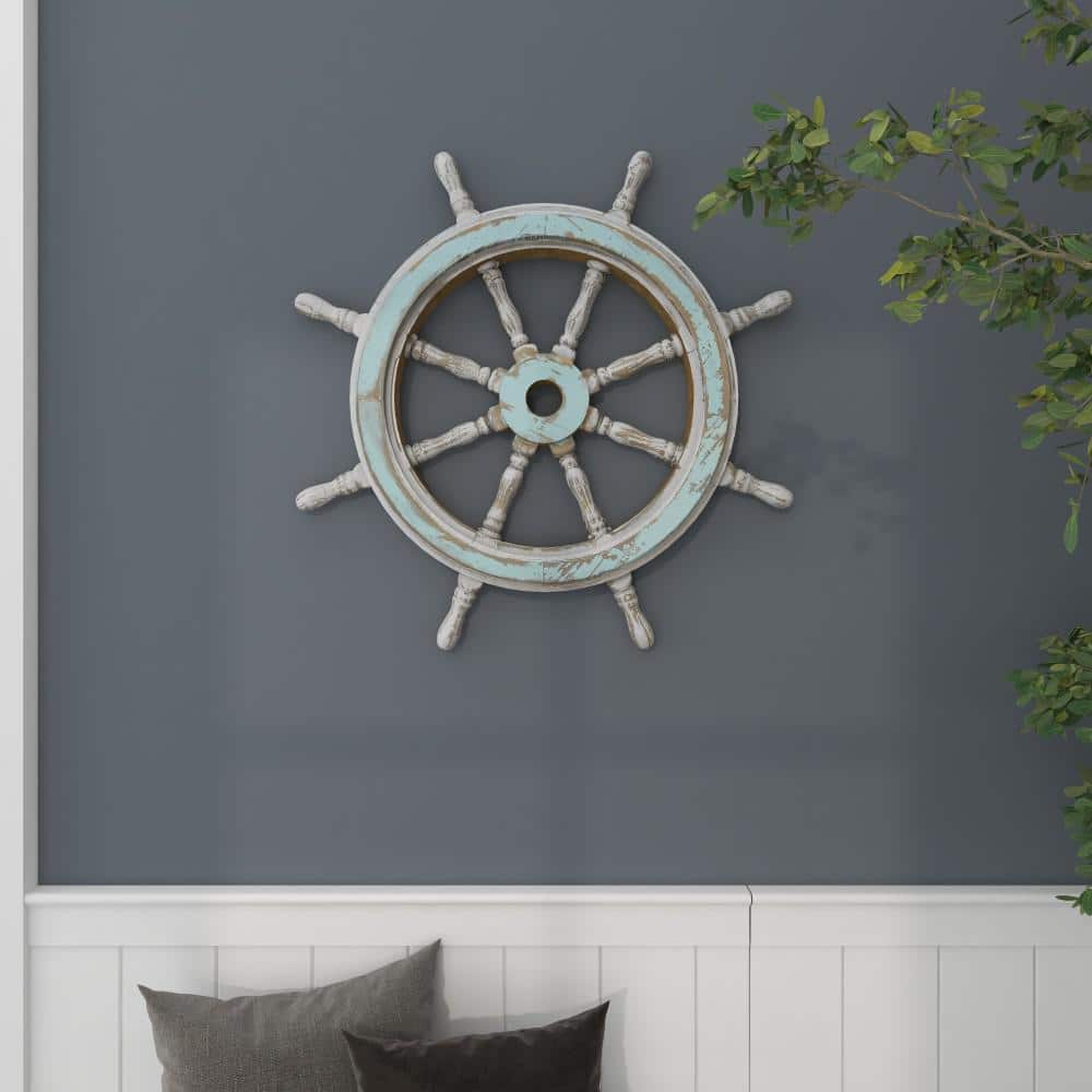 24" Blue and White Distressed Wood Ship Wheel Wall Decor