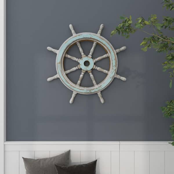Litton Lane Wood Blue Ship Wheel Sail Boat Wall Decor with