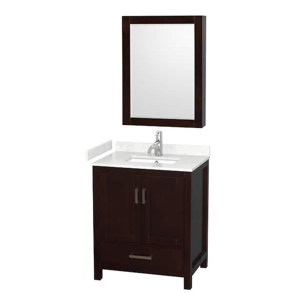 Wyndham Collection Sheffield 30 in. W x 22 in. D x 35.25 in. H Single Bath Vanity in Espresso with Carrara Cultured Marble Top & MC Mirror