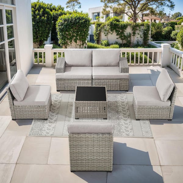 ModNest Taupe 6-Piece Wicker Patio Conversation Set, Modular Sofa Set with Beige Cushions and Coffee Table