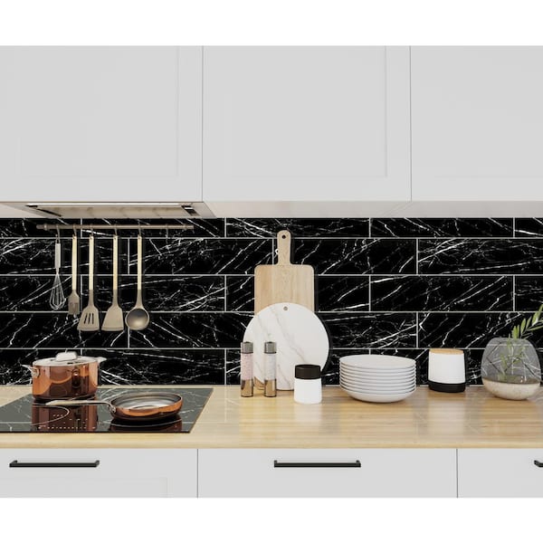 Aashini Black 4 in. x 16 in. Glossy Ceramic Marble Look Wall Tile (17.6 sq. ft./Case)