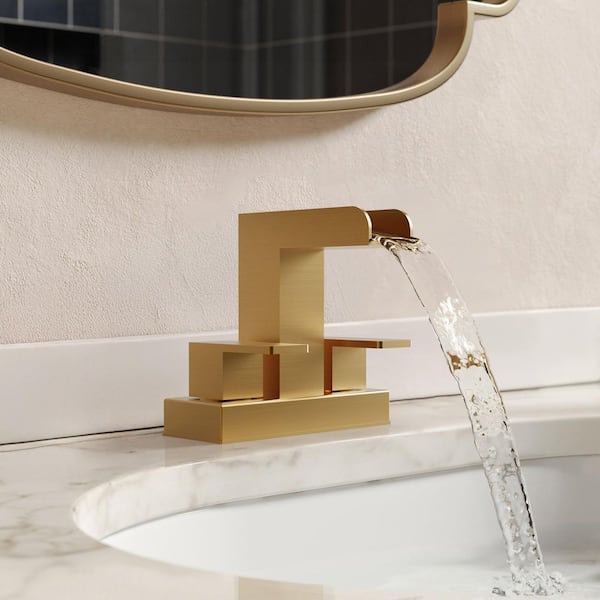GRANDJOY Open Trough Waterfall 4 in. Centerset Double Handle Bathroom Faucet 1.03 GPM in Brushed Gold Drain Not Included