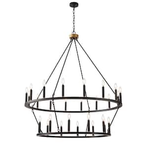 28-Light Black Wagon Wheel Chandelier 2 Tier Large Farmhouse Round Industrial Ceiling Hanging Light