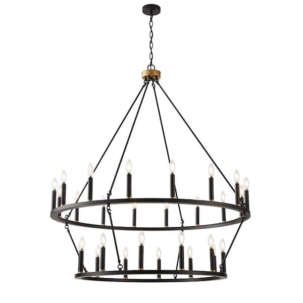 28-Light Black Wagon Wheel Chandelier 2 Tier Large Farmhouse Round Industrial Ceiling Hanging Light