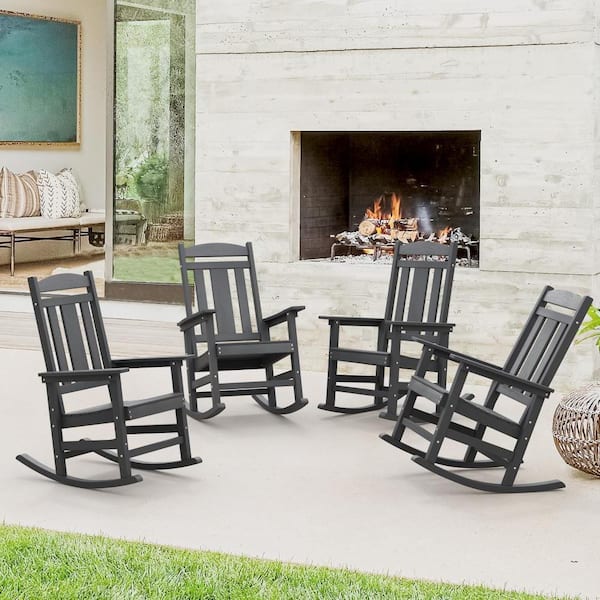 OrangeOne Hampton Dark Gray Recycled Plastic Patio Adirondack Outdoor Rocking Chair Porch Rocker Patio Rocking Chair Set of 4