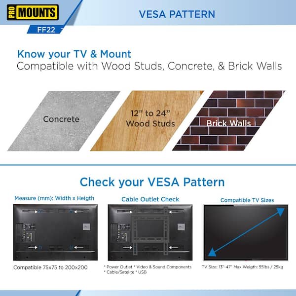 ProMounts - Universal Fixed Small Durable Ultra Slim Flat Tilt TV Wall Mount for 13-47 in. VESA 75x75 to 200x200, Locking brackets