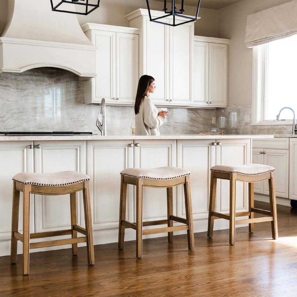 Natural Wood Backless Saddle Counter Stools, Set of 3