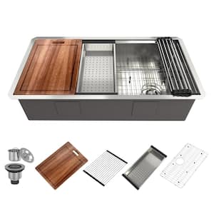 36 in. Undermount Single Bowl Brushed Stainless Steel Kitchen Sink with Cutting Board, Rolling Drying Rack and Colander