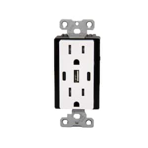 USB Receptacle Outlet White, 15A 30W with 2 Type C, 1 Type A USB Charger