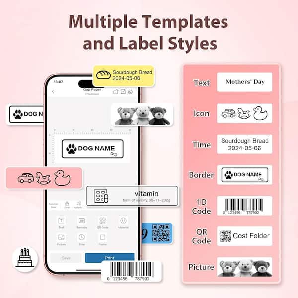 Ahfiwaso - Label Maker Machine with Tape, Built-in Cutter and Multiple Templates in Pink