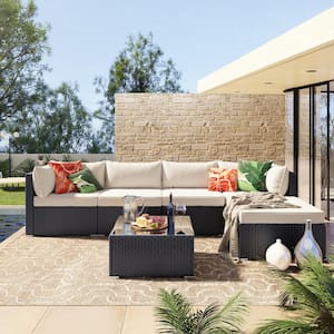 Rattan 6-Piece Wicker Furniture Corner Patio Conversation Sofa Set with Beige Removable Cushions