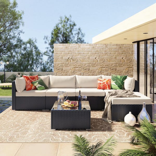 Tunearary Rattan 6-Piece Wicker Furniture Corner Patio Conversation Sofa Set with Beige Removable Cushions