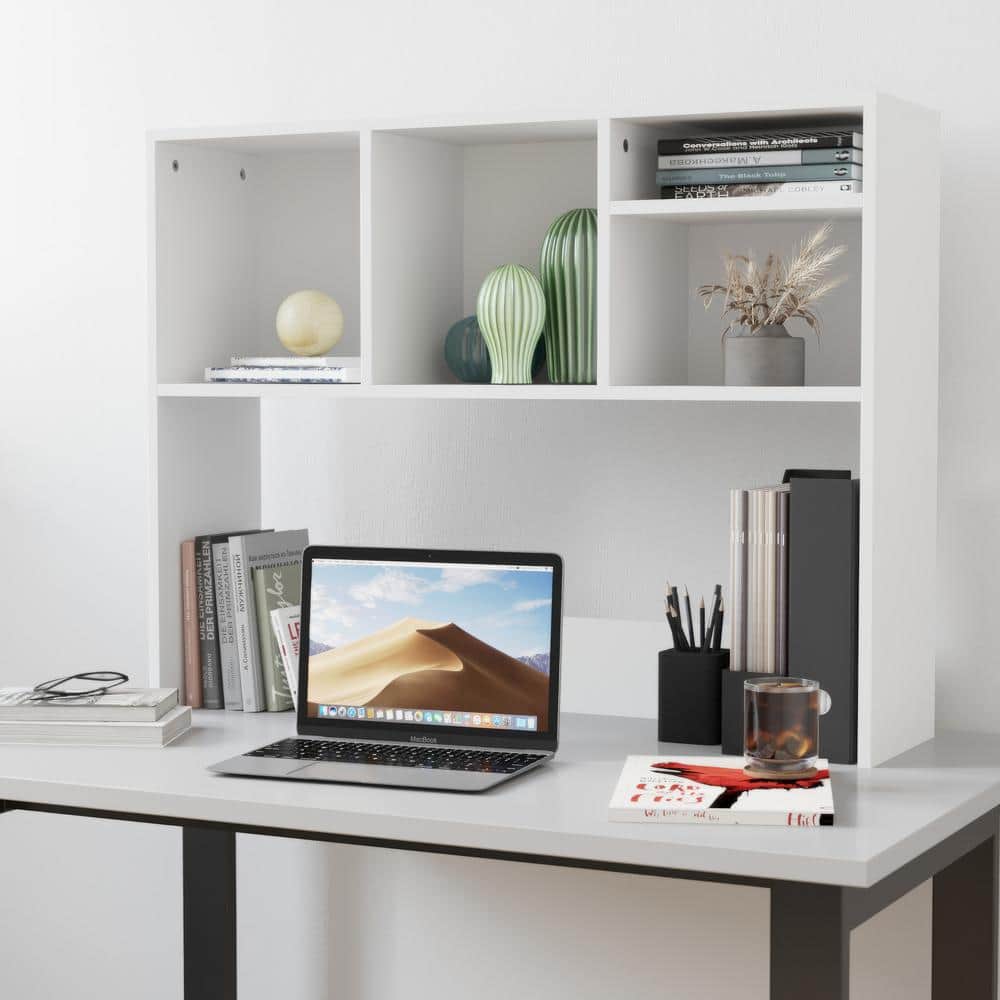 HOOBRO Desktop Bookshelf With Power Outlet, 37" W Desk Hutch With Led Lights Desktop Organizer Shelf With Drawers For Computer Desk Farmhouse Style For Home Office Dorm White Wh93udsj01