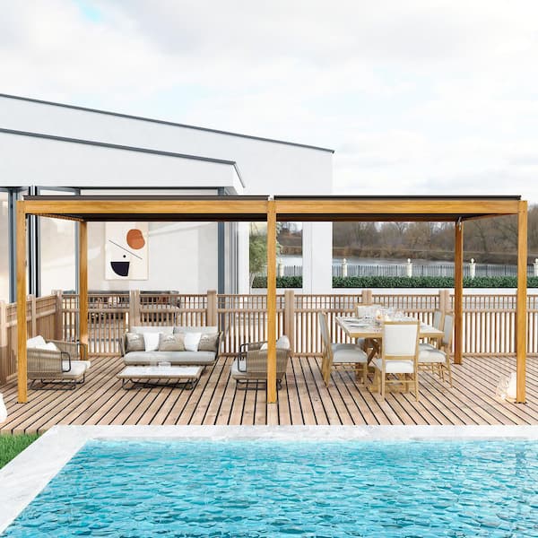 10 ft. x 20 ft. Aluminum Frame Louvered Pergola with Adjustable Roof, Efficient Drainage System in Wood Grain
