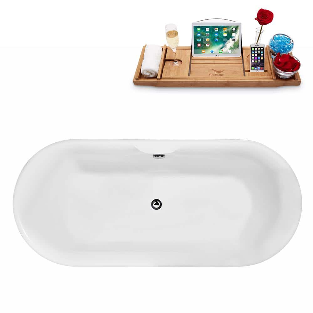 67" Glossy White Acrylic Freestanding Soaking Bathtub with Chrome Drain