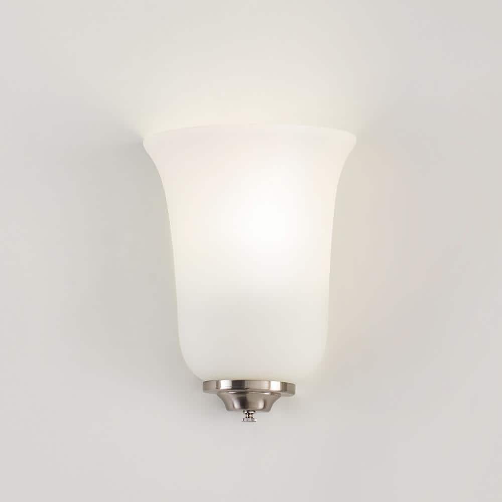 Sea Gull Brushed Nickel 1-Light Energy Star Wall Sconce with White Glass Shade